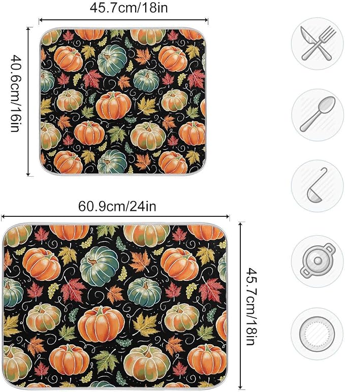 Fall Pumpkin Dish Drying Mat for Kitchen Maple Leaves Black Microfiber Drying Mats Absorbent Reversible Dish Pad Large Dish Draining Mat 18x24 inch