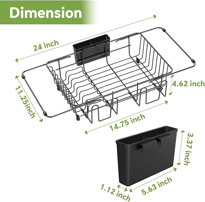 Simple Trending Expandable Dish Drying Rack in Sink, Adjustable Dish Drainers for Kitchen Counter, Inside Sink, Over the Sink with Utensil Holder, Black