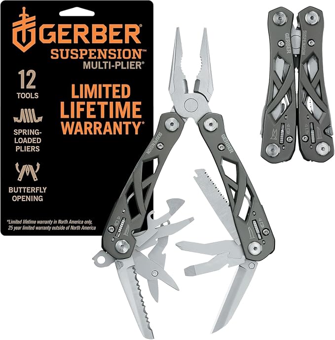 Gerber Suspension NXT 15-in-1 EDC Multitool, Pliers w/ Pocket Knife, Grey | Wire cutters, needle nose pliers, pocket knife, 12 tools, camping survival EDC, gifts for men, belt sheath included