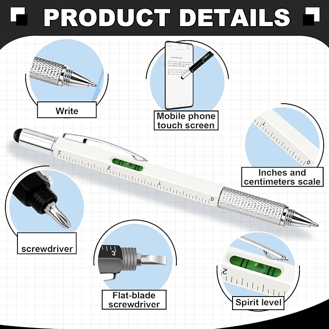 Zhanmai 4 Pcs 6 in 1 Multitool Pen Gift for Men Multi Tool Ballpoint Pen with Ruler Level Screwdriver Stylus Cool 10 Ink Refill Tool Gadget Birthday Christmas Stocking Stuffers (Black, Gray, White)