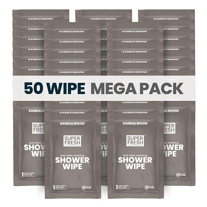 Super Fresh Shower Body Wipes, Travel Essentials for Camping, Large Sandalwood Wipes for Adults, Women, Men, Kids Personal Hygiene Cloth Enriched with Aloe and Vitamin E, Individually Wrapped 50 Pack