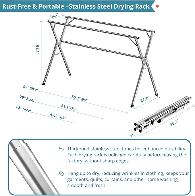 JAUREE 63 Inches Clothes Drying Rack, Drying Rack Clothing Folding Indoor Outdoor, Heavy Duty Stainless Steel Laundry Rack, Foldable Portable Large Clothes Rack Garment Rack with 20 Windproof Hooks