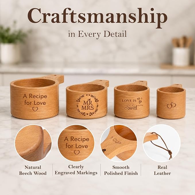 Wedding Gifts for Couple, Mr ＆ Mrs Wooden Measuring Cups and Spoons Set, Engagement Gift for Newly Engaged, Bridal Shower and Bachelorette Gifts for Bride, Kitchen Gadgets for Cooking & Baking