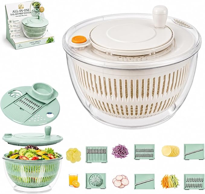 Multifunctional Salad Spinner with Slicer, 3 in 1 Vegetable Fruit Washer Dryer, Kitchen Chopper Tool Set with 5 Interchangeable Blades Egg Separator Large Lettuce Dehydrator | Green-transparent