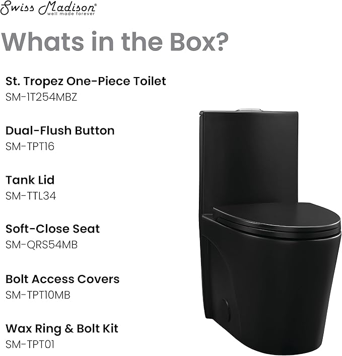 St. Tropez One Piece Elongated Toilet Dual Vortex Flush 1.1/1.6 gpf with 10" Rough-In, Matte Black