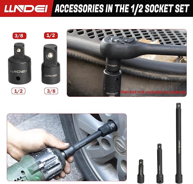 1/2" Drive Deep Impact Socket Set 37Pcs SAE/Metric CR-MO | 3/8"-1-1/4" & 8-24mm, Spark Plug 16/21mm, Universal Joint & Extensions, for Auto, Truck & Heavy Equipment