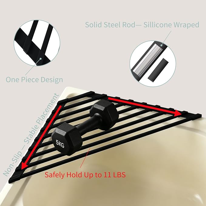 Triangle Roll Up Dish Drying Rack for Sink Corner, Foldable Silicone Coated Stainless Steel Over Sink Rack, Space Saving Heat Resistant Anti-Slip Anti-Rust Drainer Mat for Dish Fruit (Black)