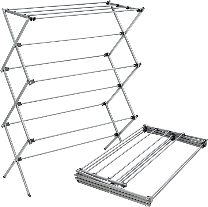 Honey-Can-Do Oversized Collapsible Clothes Drying Rack, 35", 50 lb, Grey | Oversized 35" x 45" steel rack holds 50 lb and folds flat for storage. Air-dry a full load indoors or outdoors.