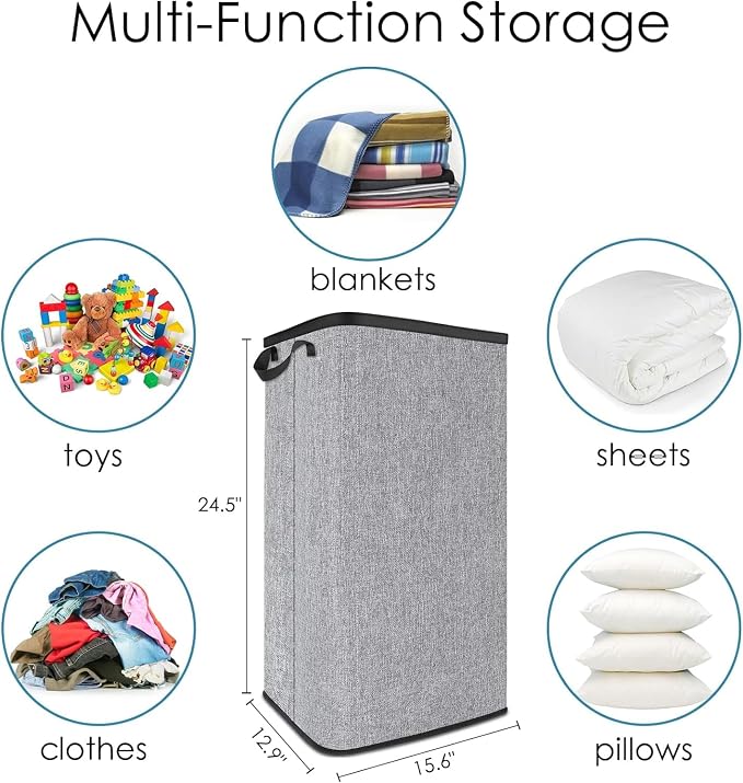 SNIGJAT Large Laundry Basket, 80 L Collapsible Tall Hamper with Handle Grey | Dirty Clothes Hamper for Bedroom, Rectangular Sturdy Laundry Basket for College, Dorm, Towels, Toys