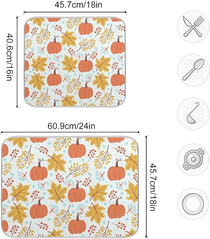 Fall Pumpkin Dish Drying Mat for Kitchen Autumn Maple Leaves Thanksgiving Day Microfiber Drying Mats Absorbent Reversible Dish Pad Large Dish Draining Mat 18x24 inch