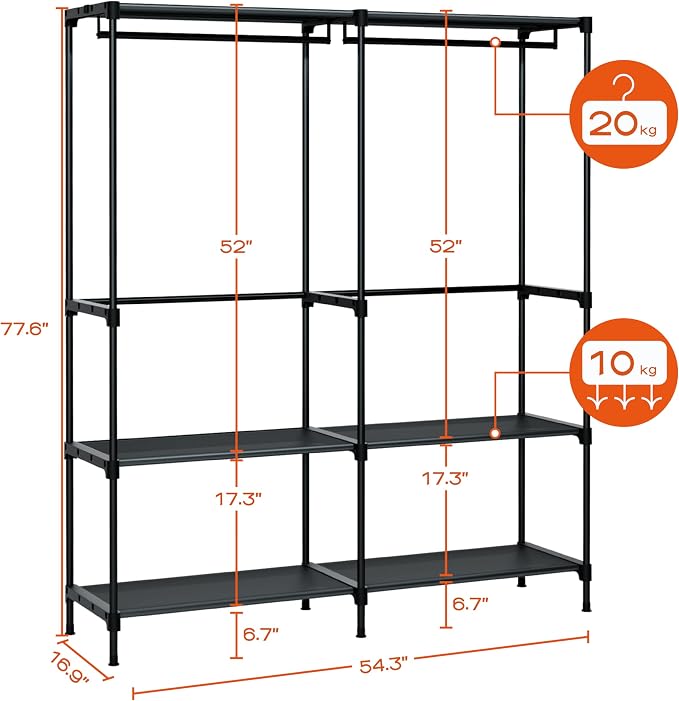 CASAMAYA Clothes Rack, Portable Closet, 54.3 Inch Large Capacity Wardrobe Closet, Clothes Storage Organizer with Shelves and 2 Hanging Rods, Easy to Assembly, Black PCT002B01