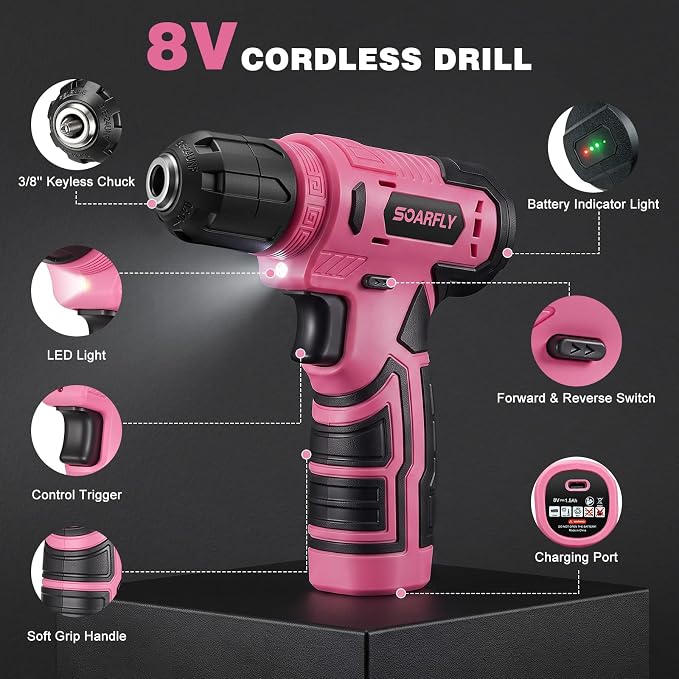 Tool Set, Tool Kit for Home, 8V Cordless Drill Set, 157PCS Tool Kit with Drill, General Household Hand Tool Box with Storage Case, Power Drill Kit for Women and Men, Home Maintenance and Repairs(Pink)