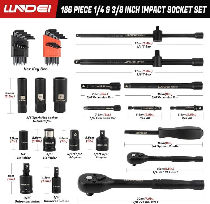 1/4 & 3/8" Drive Impact Socket Set 186Pcs SAE/Metric | CR-V Deep & Shallow Sockets, Ratchet, Spark Plug Socket, Bits, for Auto Repair Shop, Garage, Engine Rebuilding & DIY Projects
