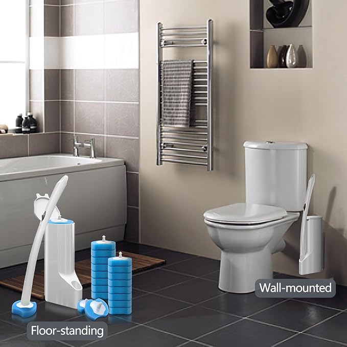 Disposable Toilet Brush, Toilet Bowl Cleaner Wand Kit with 112 Refills | Wall-mounted Toilet Scrubber Kit-16.81" ABS Handle Holder, 112 Sponge Brush Heads for House, Apartment, RV Bathroom Cleaning
