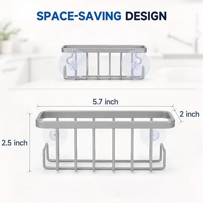 Sponge Holder for Kitchen Sink - Rustproof Coated Sink Caddy with 2 Side Hooks | Heavy Duty Suction Cup In-Sink Organizer for sponge, Scrubber & Stopper, Silver