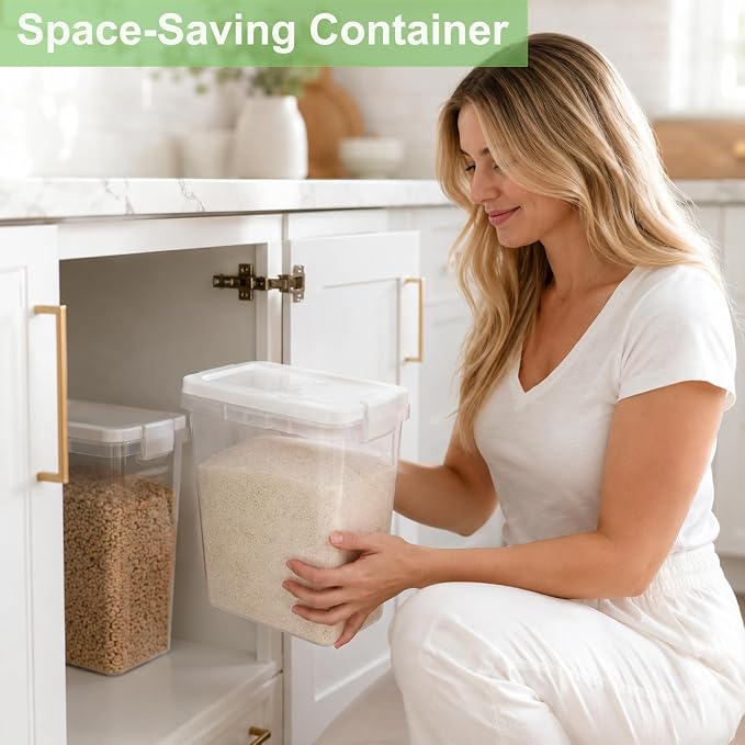 Tight-Lock Rice Container 10-15 Lbs - Airtight Flour Container with Scoop - Food-Grade Plastic Food Storage Container for Cereal, Sugar - Dry Food Dispenser for Kitchen, Pantry Organizers and Storage