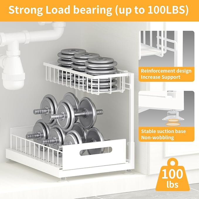 Saydear 2-Pack L-Shaped Under Sink Organizer, 2-Tier Pull-Out Cabinet Rack | White Height-Adjustable Steel Rack, Sliding Grid Drawers with PP Liners, Holds 100 Lbs, Suction Base, Ideal Kitchen Storage