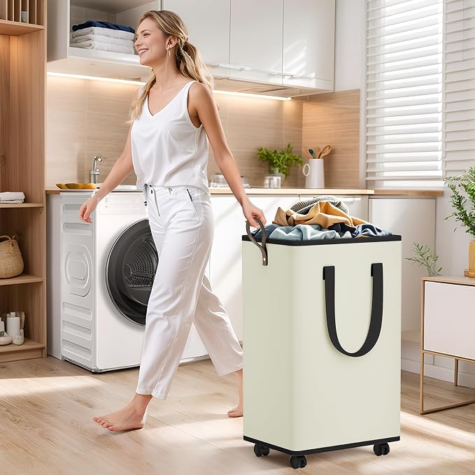 SpaceTrove Rolling Laundry Basket with Wheels, Laundry Hamper, 100L, Cream | Collapsible, 4 detachable wheels including 2 with brakes, sturdy handle, metal frame, for dorms, bathrooms and bedrooms