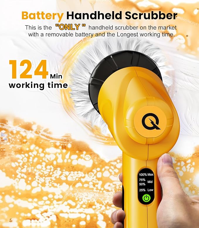 Battery Electric Spin Scrubber Q4, Handheld Scrubber for Cleaning with Display, Power Dish Scrubber with 5 Heads, Shower Cordless Cleaning Brush for Bathroom/Sink/Window