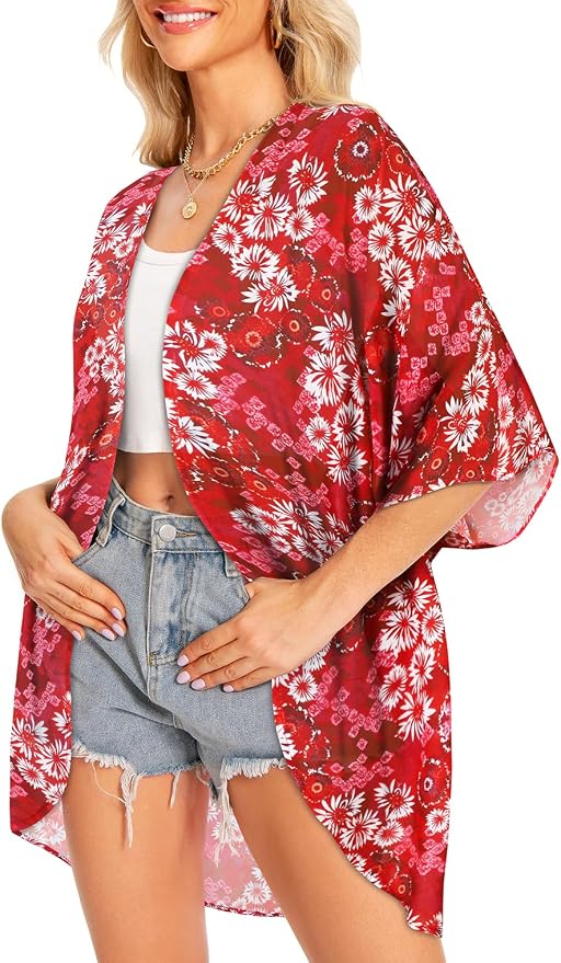 Women Kimono Cardigans Summer Cover Up Hawaiian Shirts Floral Print Tops | ROSEMIA chiffon kimono open front cardigans, beach cover ups, daily casual tops, cruise outfits, summer resort wear