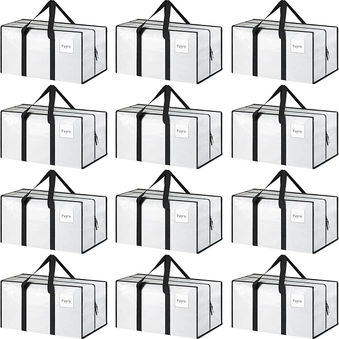 12 Pack Extra Heavy Duty Large Moving Bags with Strong Zipper & Comfortable Handles, Sturdy & Durable Clothes Storage Bags Totes Bins, Packing Moving Boxes for College Supplies, White