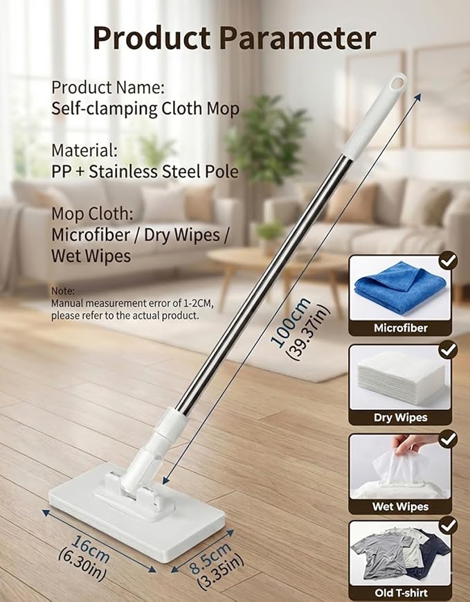 Snap Grip Mini Mop, Hands-Free Cloth Changing with 360° Rotating Head, Zero-Touch Portable Wall Mop for Floor, Tile and Mirror, Universal Pad Compatibility for Any Cloth+ Magic Cleaning Cloth*10