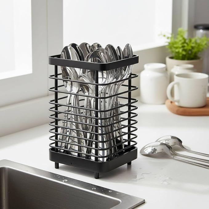 Kitchen Utensil Drying Rack, 18/8 Stainless Steel Utensil Holder Chopsticks Spoon Fork Knife Drainer Basket Flatware Storage Drainer, Dish Drainer for Kitchen Counter (Black)