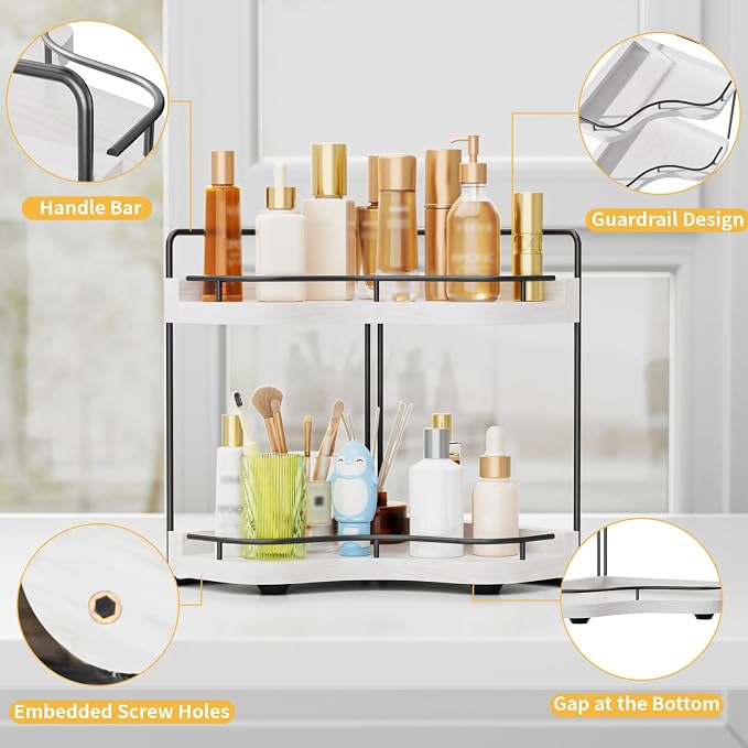2-Tier Corner Bathroom Counter Organizer, Larger Size | Embedded Screw Holes, Sturdy & Stable, Oversized, Holds More, Vanity Shelf for Makeup & Skincare, White