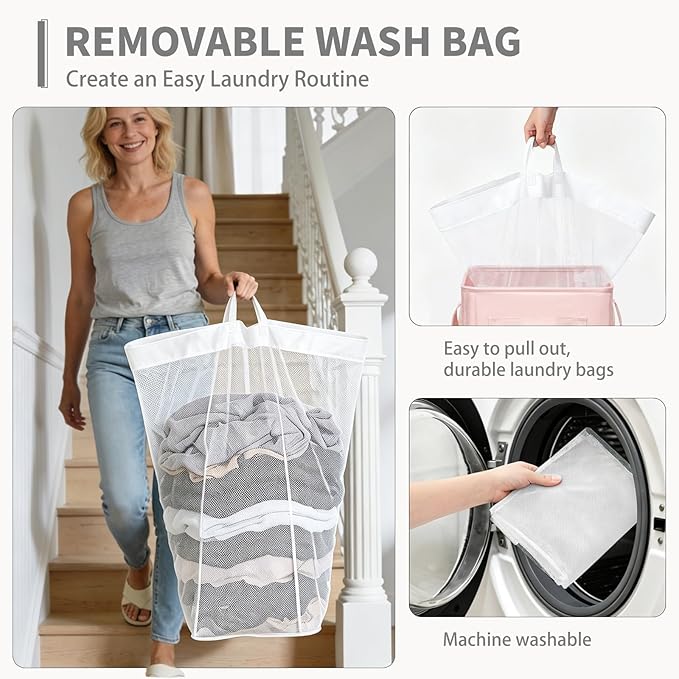 CHICVITA 100L Slim Collapsible Laundry Basket with Wheels, Pink | Rolling laundry basket for living room and college dorm. Folds flat for storage when not needed