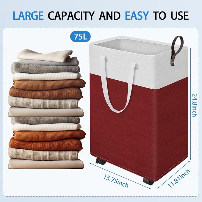 HomeHacks 75L Rolling Laundry Basket with 4 Wheels Collapsible Red | 4 Wheels, Waterproof PEVA Lining, Cotton Flax Fabric, Metal Frame, Bathroom Laundry Room Dorm Storage, Space-Saving Design