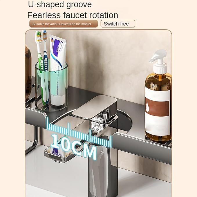 23.6 Inch Over Sink Faucet Storage Rack, No-Drill Countertop Storage Rack for Toiletries & Skincare, Over Sink Shelf, Compact Countertop Stand, for Kitchen, Bathroom, Shower, Easy Drainage (Gray)