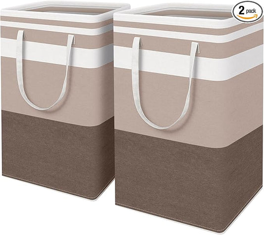 HomeHacks 2-Pack Large Laundry Basket, Waterproof, Freestanding Laundry Hamper, Collapsible Tall Clothes Hamper with Extended Handles for Clothes Toys in the Dorm and Family (Brown, 88L)