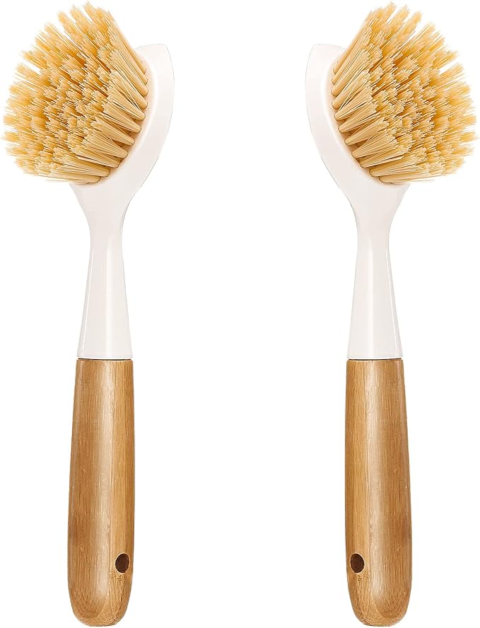 2 Pack Kitchen Dish Brush Bamboo Handle Dish Scrubber Built-in Scraper, Scrub Brush for Pans, Pots, Kitchen Sink Cleaning, Dishwashing and Cleaning Brushes are Perfect Cleaning Tools, White
