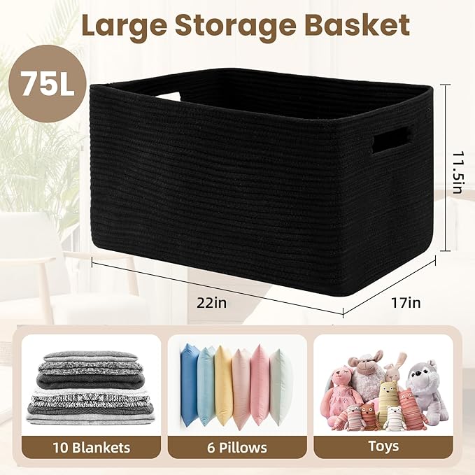Optish 75L Blanket Basket, Large Woven Baskets for Storage, Blanket Storage for Living Room, Rope Basket with Handles for Bedroom, Nursery, Toys, Clothes, 22” x 17” x 11.5”, Black