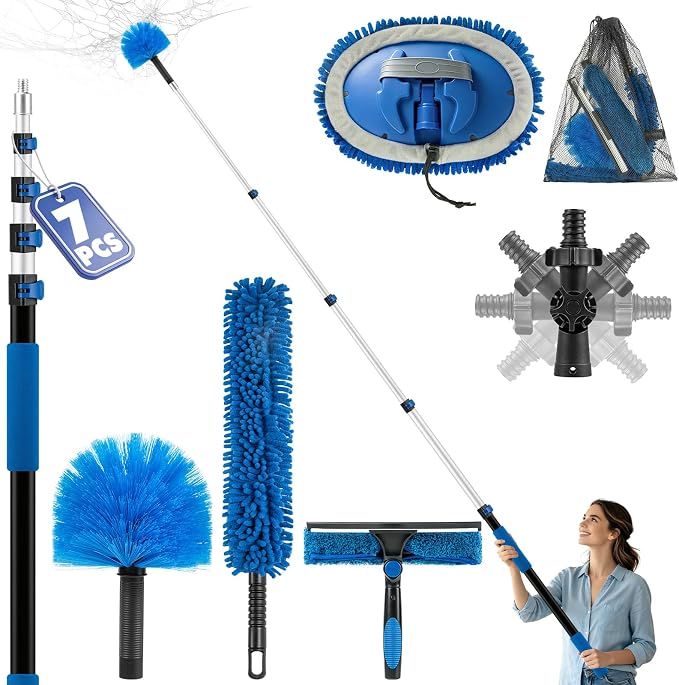 LOVECO Duster Kit with 3-12FT Extension Pole for High Ceilings Cleaning | 7 Pcs Include Cobweb Brush, Window Squeegee, Long Fan Duster, Wall Mop Head to Clean Dust, Hair & Cobweb on Various Surfaces