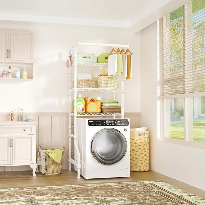 U11 Mini Over Washer and Dryer Shelves, 3 Tiers Laundry Room Storage and Organizer Standing Shelf, Metal Freestanding Clothes Drying Rack, 28.3”W x 19.7”D x 77.6”H, White
