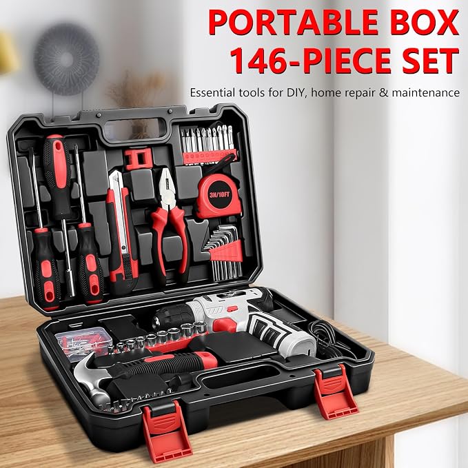 JENABOM Tool Set, 146-Piece Home Tool Kit with 8V Cordless Drill | Portable Tool Set with Storage Case, Hand Tools Kit for Apartment, Office & Daily DIY Repairs, for Men & Women