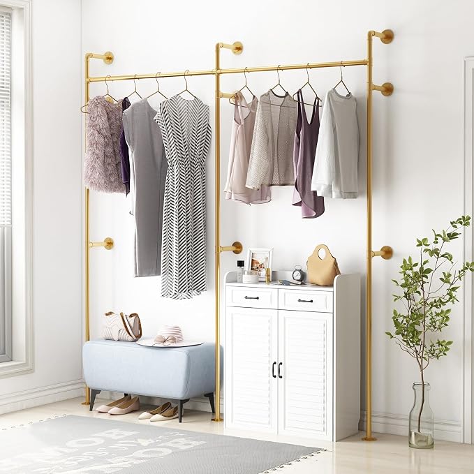 ORSENIGO Industrial Pipe Clothing Rack, Heavy Duty Clothes Rack for Hanging Clothes, Wall Mounted Display Garment Rack for Home Retail Boutique (Double, Gold)