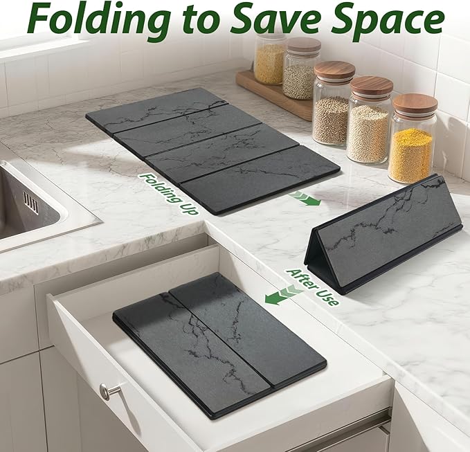 Large Stone Drying Mat for Kitchen Counter, 24"x16" Collapsible Quick Dry Dish Drying Mat, Water-Absorbent Marble Diatomaceous Earth Mats for Bottles Cups Dishes, Match Any Countertop