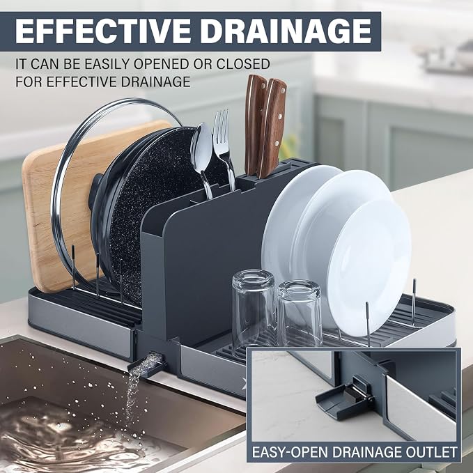 Foldable Dish Drainer Rack with Removable Cutlery Holder Stainless-Steel Dish Drying Rack with Dual Parts, Space-Saving Dish Rack, Rustproof Utensil Drainer for Kitchen Counter, Gray/Steel