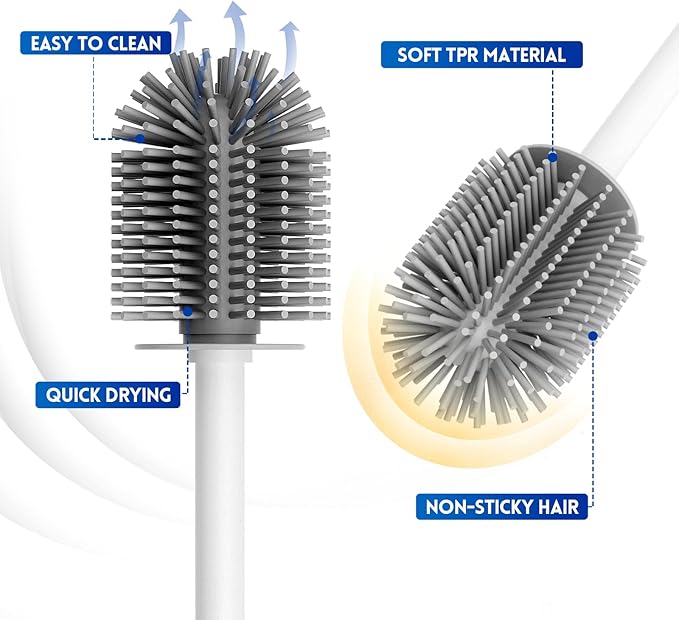 Y-in Hand 2 Pack Silicone Toilet Brush, Soft Toilet Bowl Brush Set for Deep Cleaning. Bathroom RV Accessories with Long Handle, Wall mountable. - White
