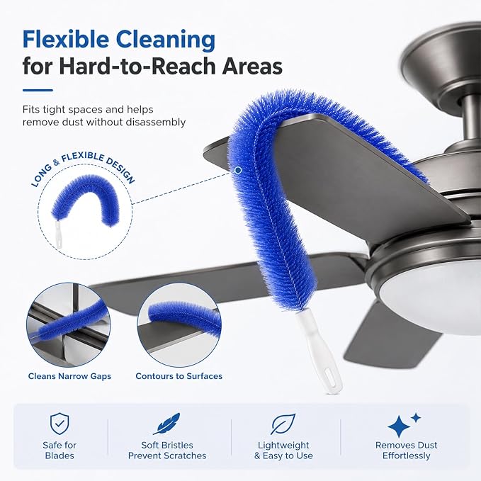 Cartorya Cleaning Brush, Bendable Microfiber Fan Duster for Ceiling Fan Blades, Air Vents, Window Ac, Curtains and Car Interior, Reusable Tool，Two Blue