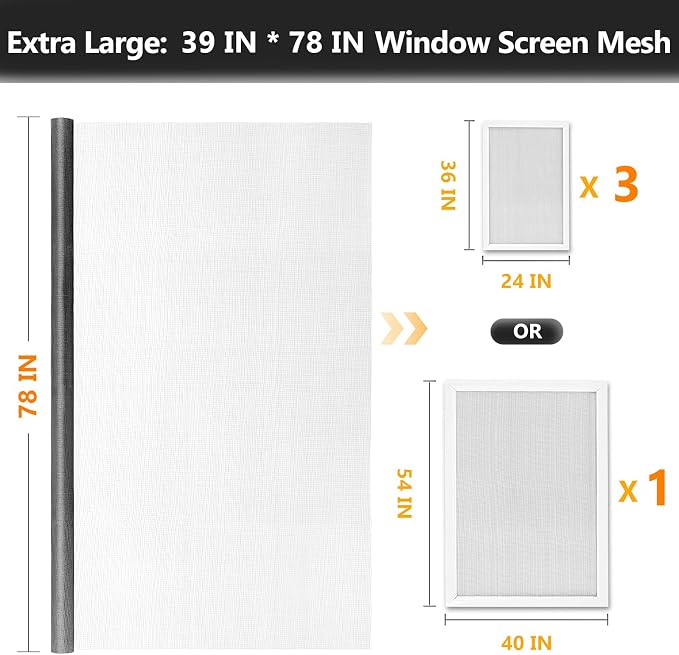 Secopad Window Screen and Screen Door Mesh Repair Kit, Grey, 39in x 78in | Replacement Tools Kit, Easy to Install, Extra Large, Durable Fiberglass, Pet and Kid Friendly, For Window Door Patio & Porch