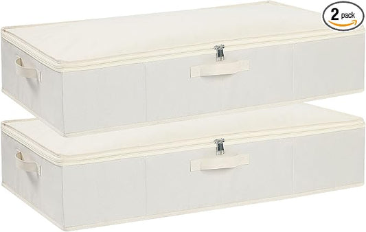Underbed Storage Organizers,Beige,2 Pack,31.5x15.7x5.9 Inch | Under Bed Storage Container with Lids,Fabric Boxes,Drawer Organizer Bags,Foldable Baskets for Bedroom