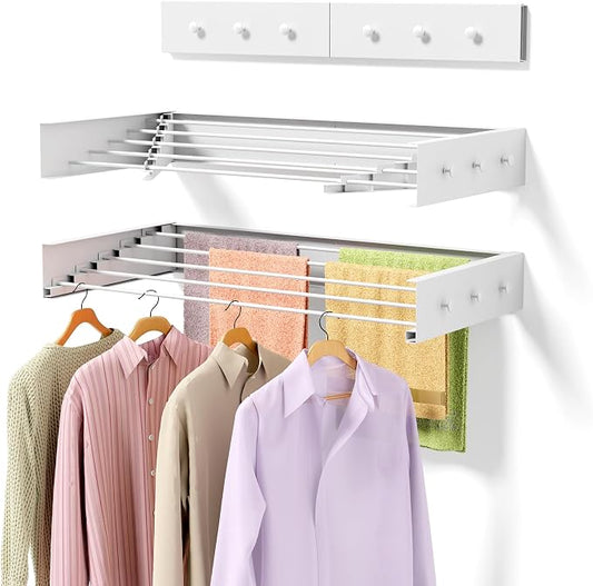 ZMBESUP Upgrade Wall Mounted Drying Rack with 6 Hooks, 31.5" Foldable Laundry Rack, 5 Rods & Hooks Space Saver for Bathroom, Collapsible Clothing Rack with Template for Indoor Outdoor (White)