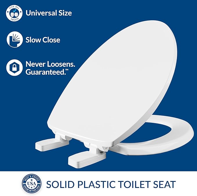 Mayfair Universal Size Slow Close Toilet Seat, Durable Plastic, Fits Round & Elongated Toilets, White