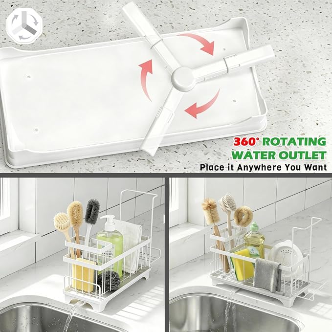 Sponge Holder for Kitchen Sink, Self-Draining Sink Caddy with Detachable Cloth & Dish Brush Rack, Metal Sponge Caddy Organizer for Kitchen Countertop Organizers and Storage Accessories, White
