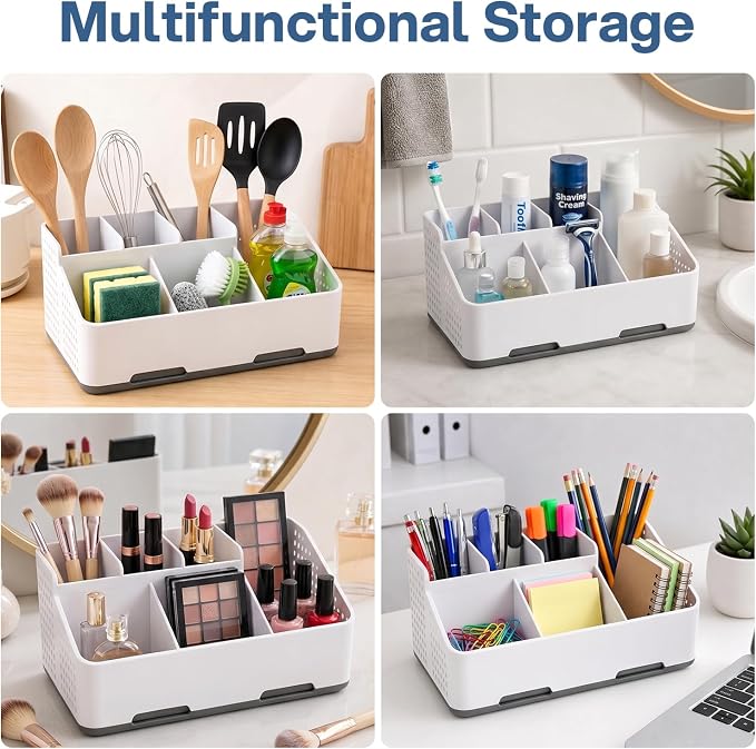 TQRR Bathroom Countertop Organizer -6 Slots Drain Tray Toothbrush Holders | Cord Hole Electric Toothbrush and Toothpaste Holder, Vents, Anti-Slip Base Vanity Storage for Bathroom Sink Accessories Grey