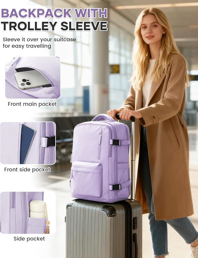 WONHOX Large Travel Backpack Women, Carry On Backpack,Hiking Laptop Backpack Waterproof Outdoor Sports Rucksack Casual Daypack (Purple)