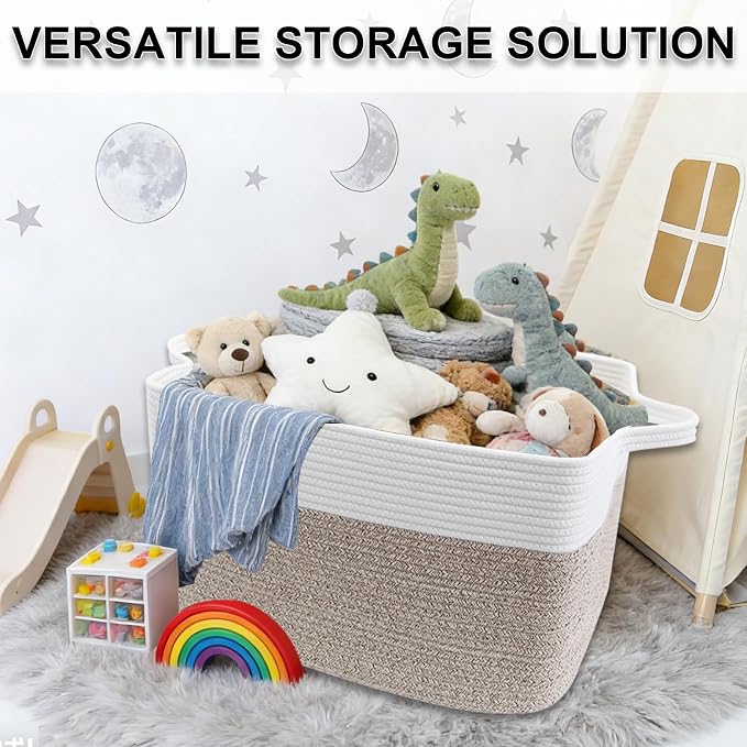 65L Laundry Basket with Handles, Woven Blanket Basket, White/Brown | 21"×16"×12" Collapsible Cotton Rope Storage Basket for Toys Clothes & Pillows, Nursery, Bathroom, Bedroom, Living Room